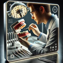 DALL·E 2024-09-24 05.23.17 - A square photorealistic image of a dentist engaged in a realistic dental examination simulation. The dentist is carefully analyzing dental models and